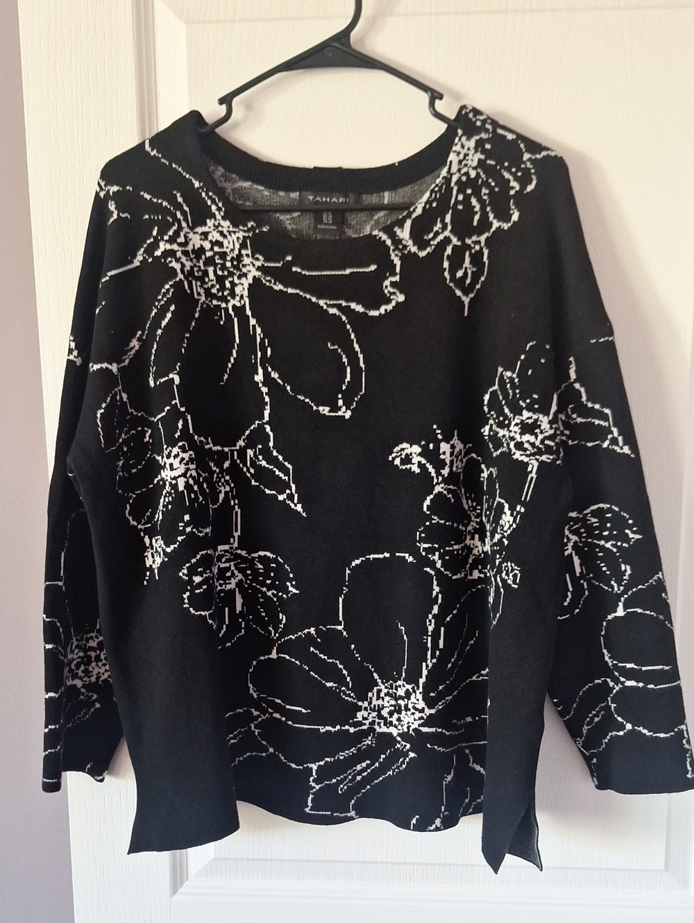 Tahari Black & White Floral Knit Sweater